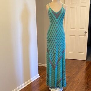 Guess Teal and Gray Chevron Maxi Dress with Adjustable Straps.